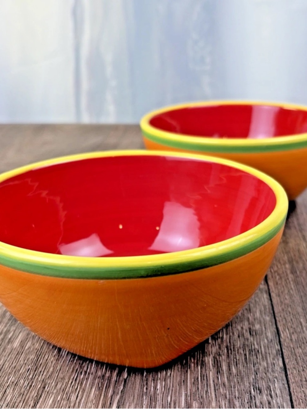 Lot of 2 Hand Painted Dansk Caribe Aruba Bowls Orange, Red, Yellow Green Stripe